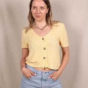 H&M Divided Yellow White Gingham Button Down Top Short Sleeve Cropped Summer EUC